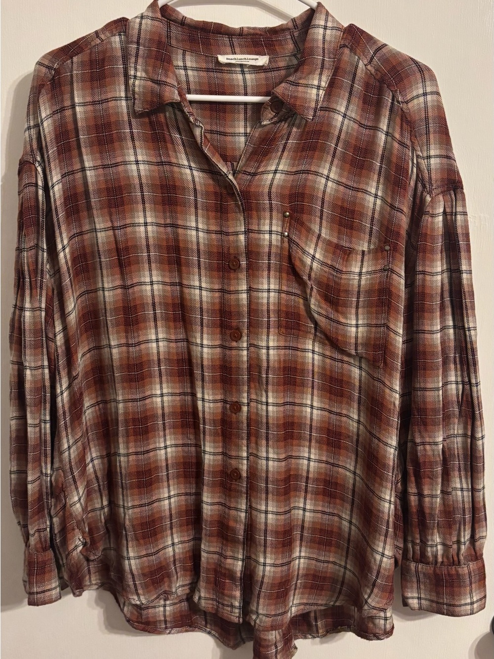 beachlunchlounge Rust Plaid Button-Down Shirt Shacket